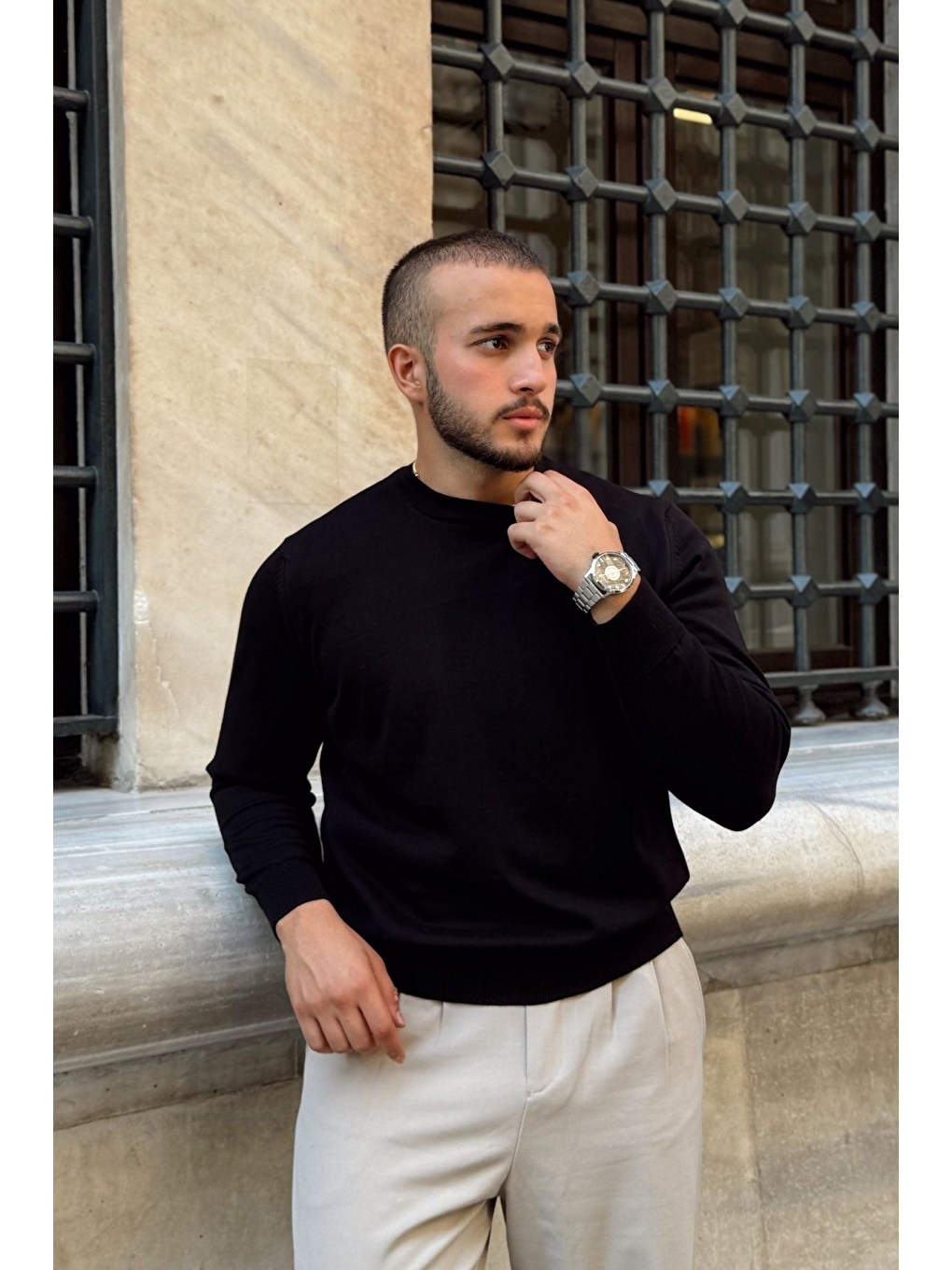 Siyah Acton Erkek %100 Organik Pamuk Bisiklet Yaka Triko Kazak-1