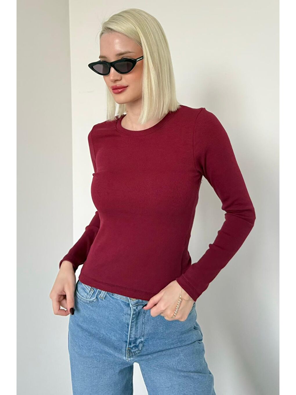 Bordo Bisiklet Yaka Slim Fit Kadın Body Mg2564-6