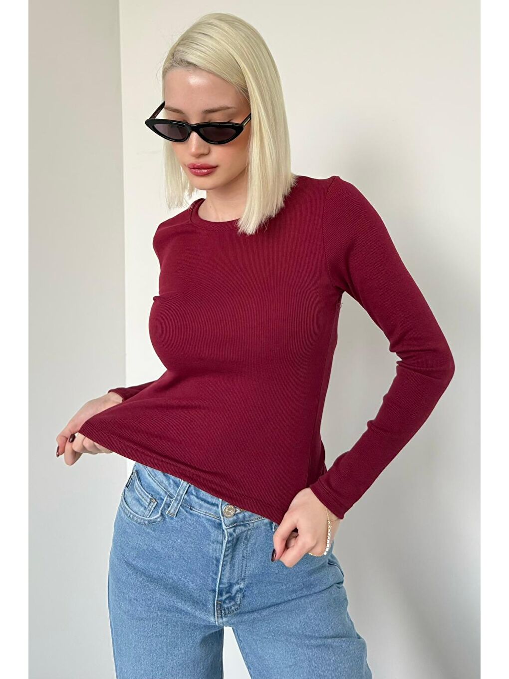 Bordo Bisiklet Yaka Slim Fit Kadın Body Mg2564-7