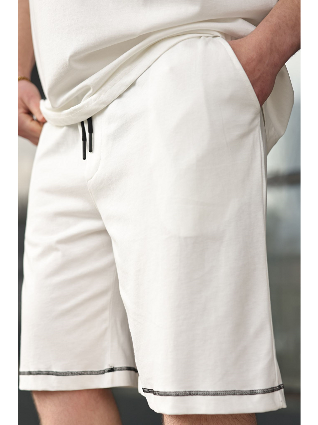 Ekru Bisiklet Yaka Kolsuz Erkek Şort T-Shirt Takım E7351-4