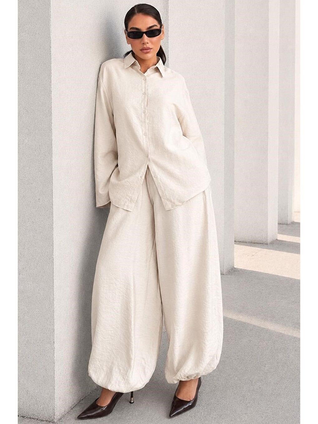Bej Oversize Gömlek Balon Pantolon Kadın Takım Mg2779