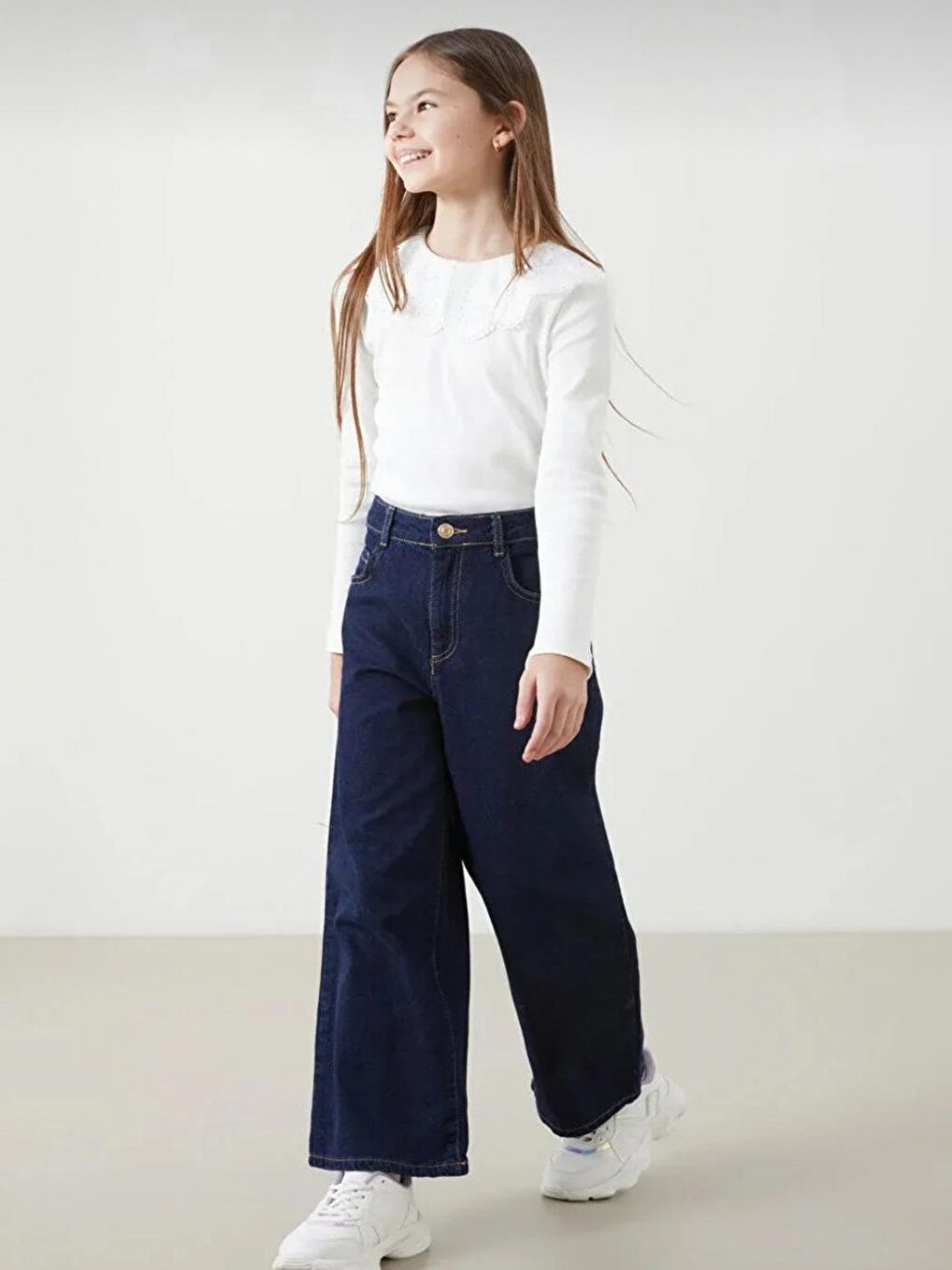 Kız Çocuk Koyu Mavi Mid Rise Baggy Jean Pantolon-2