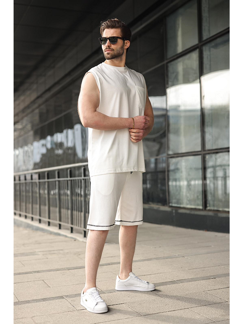 Ekru Bisiklet Yaka Kolsuz Erkek Şort T-Shirt Takım E7351-5