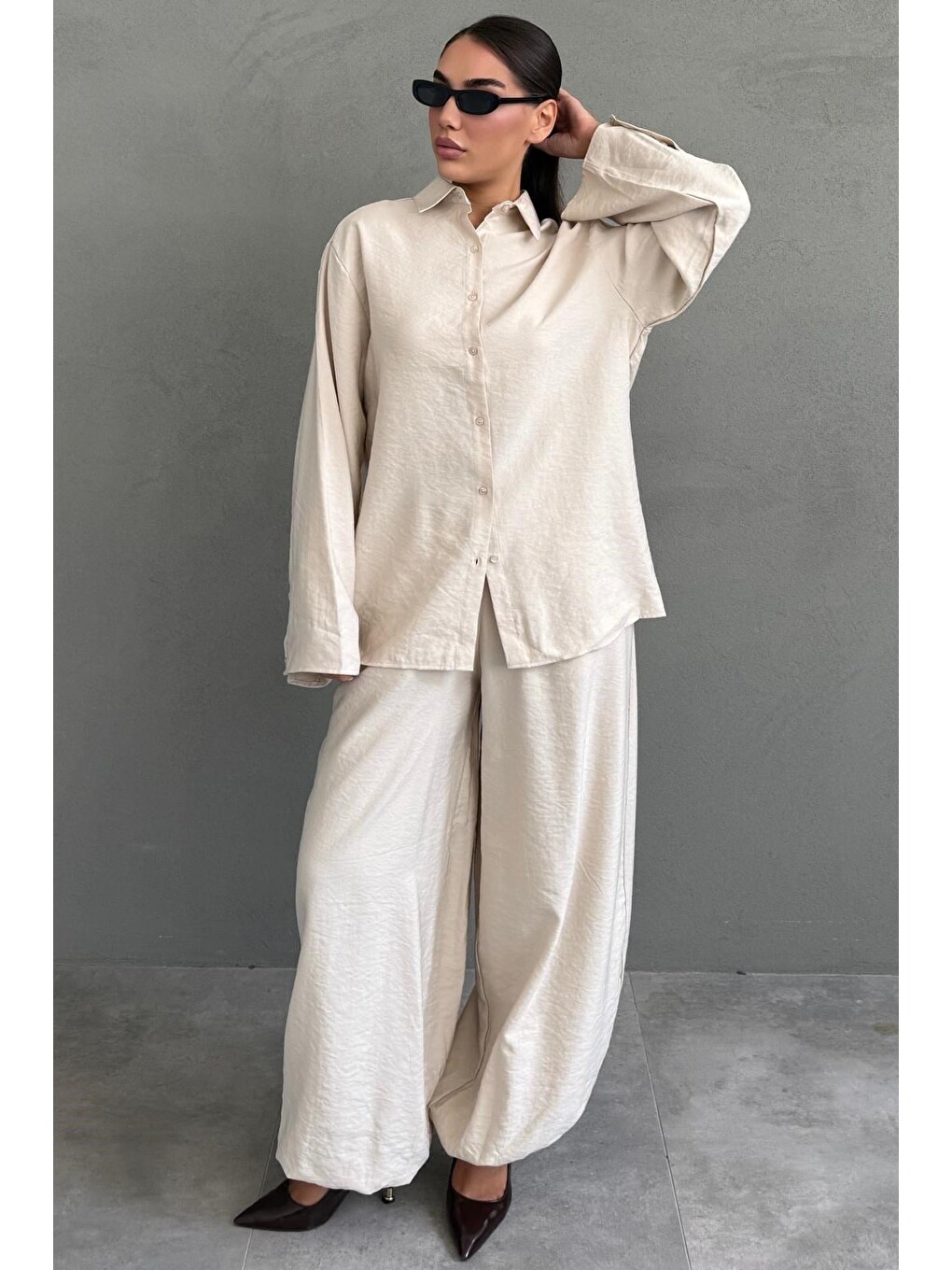 Bej Oversize Gömlek Balon Pantolon Kadın Takım Mg2779-1