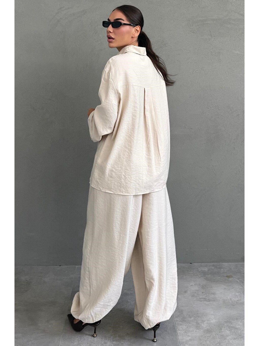 Bej Oversize Gömlek Balon Pantolon Kadın Takım Mg2779-2