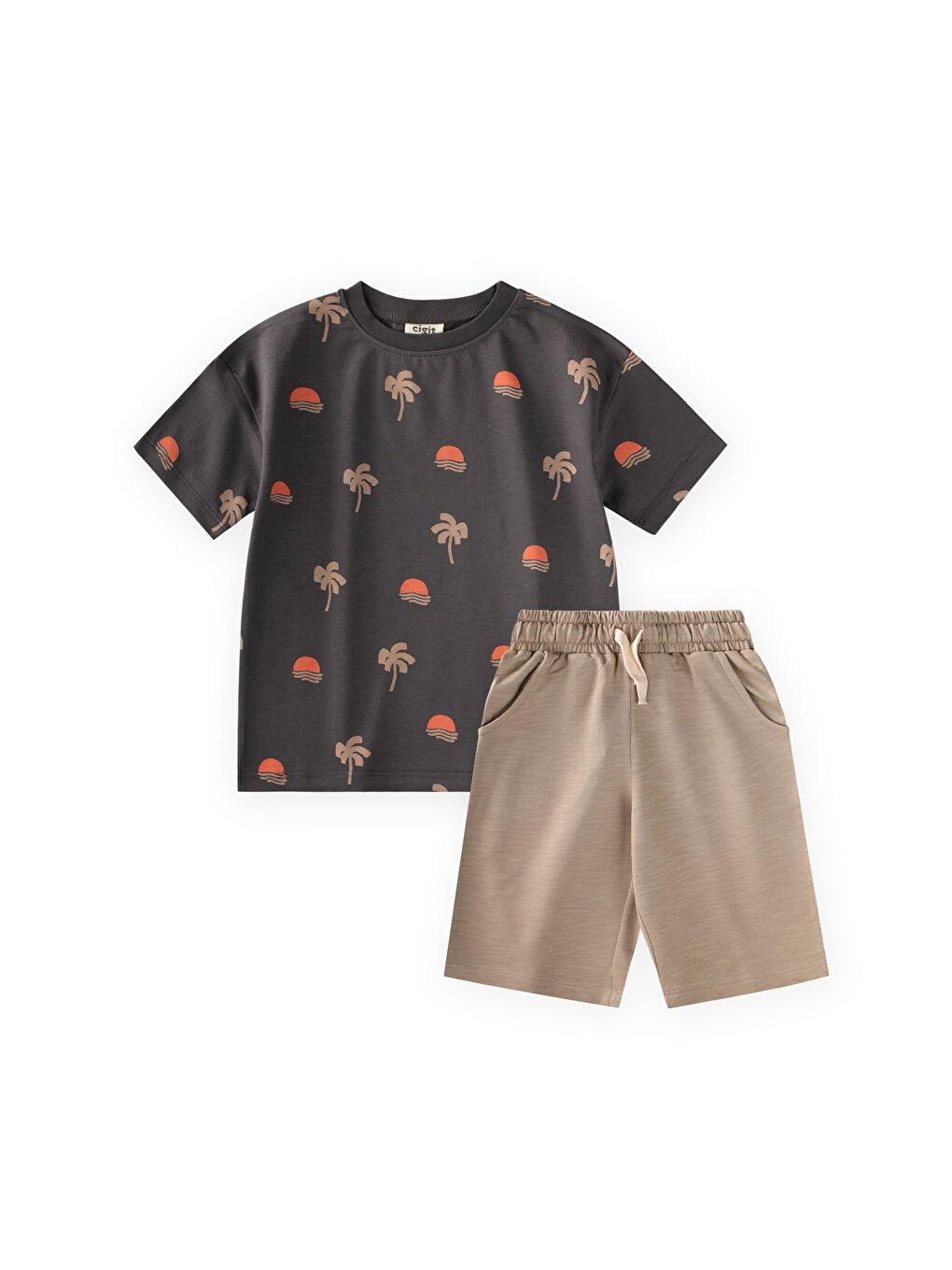 Desenli Kaprili T-Shirt Takım 2-12 Yaş Gri