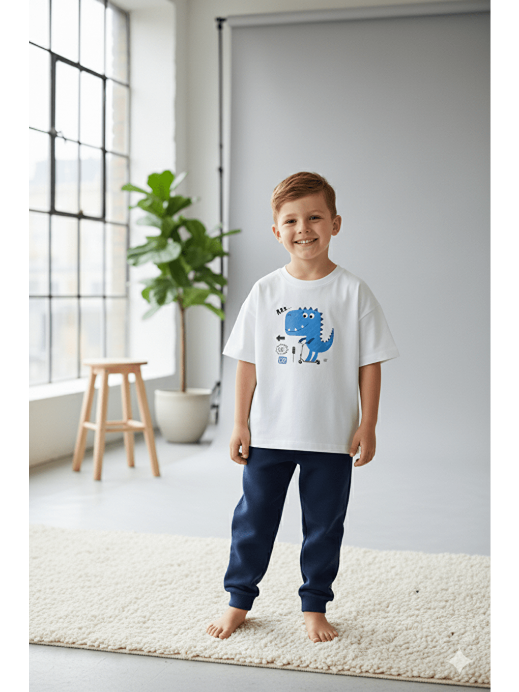 Antrasit Erkek Çocuk Dinozor Baskılı Pamuklu Bisiklet Yaka Altüst Takım-1