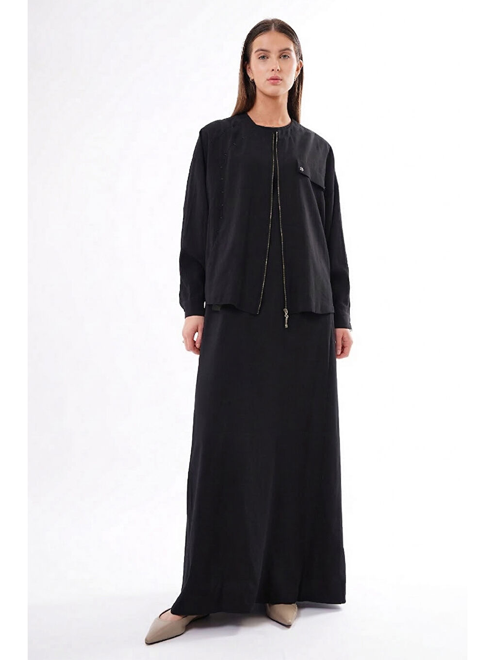 Önden Fermuarlı Boncuk Detaylı Yarasa Kol Bolerolu Elbise Takım 940 Siyah-1