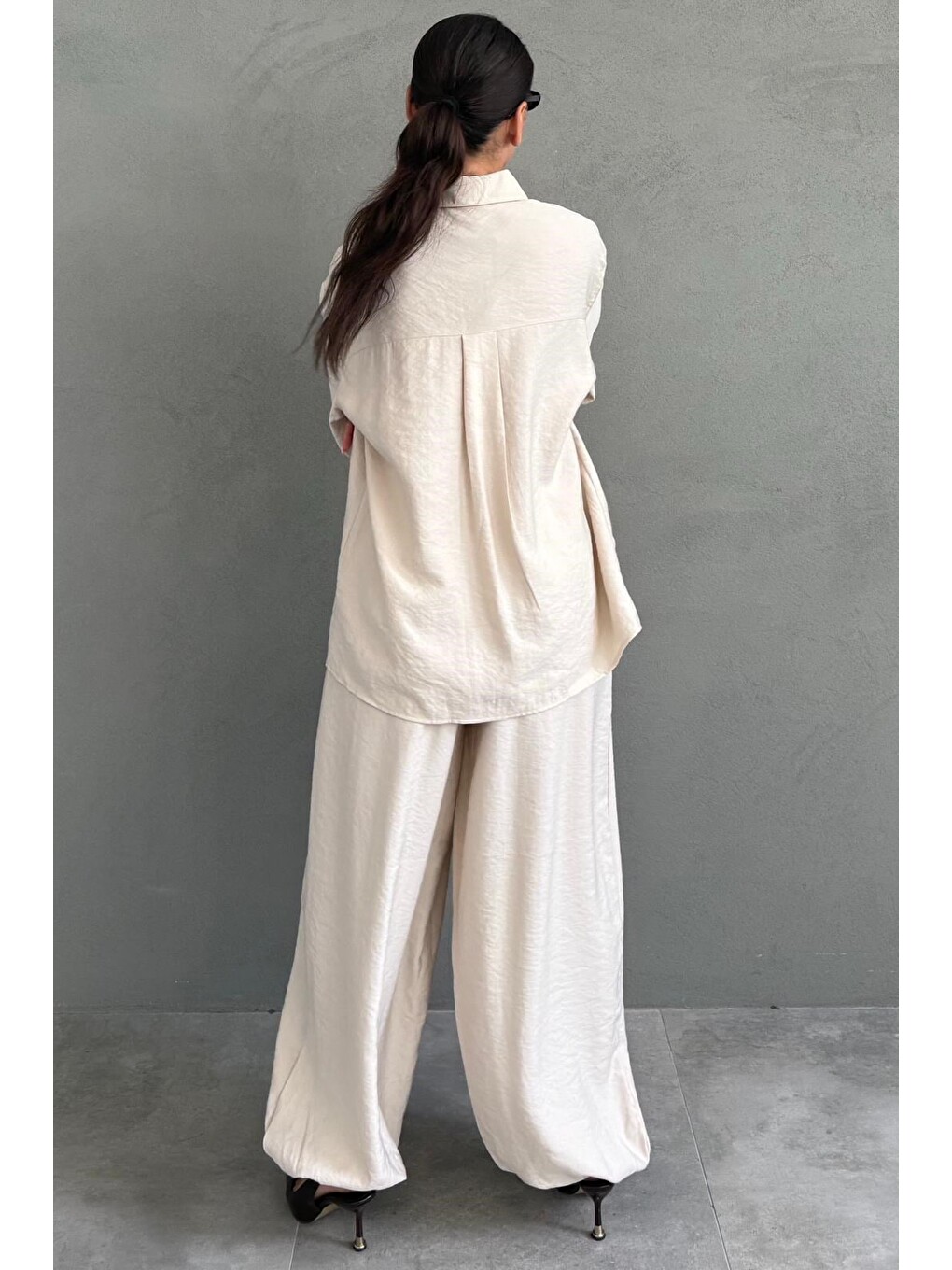 Bej Oversize Gömlek Balon Pantolon Kadın Takım Mg2779-3