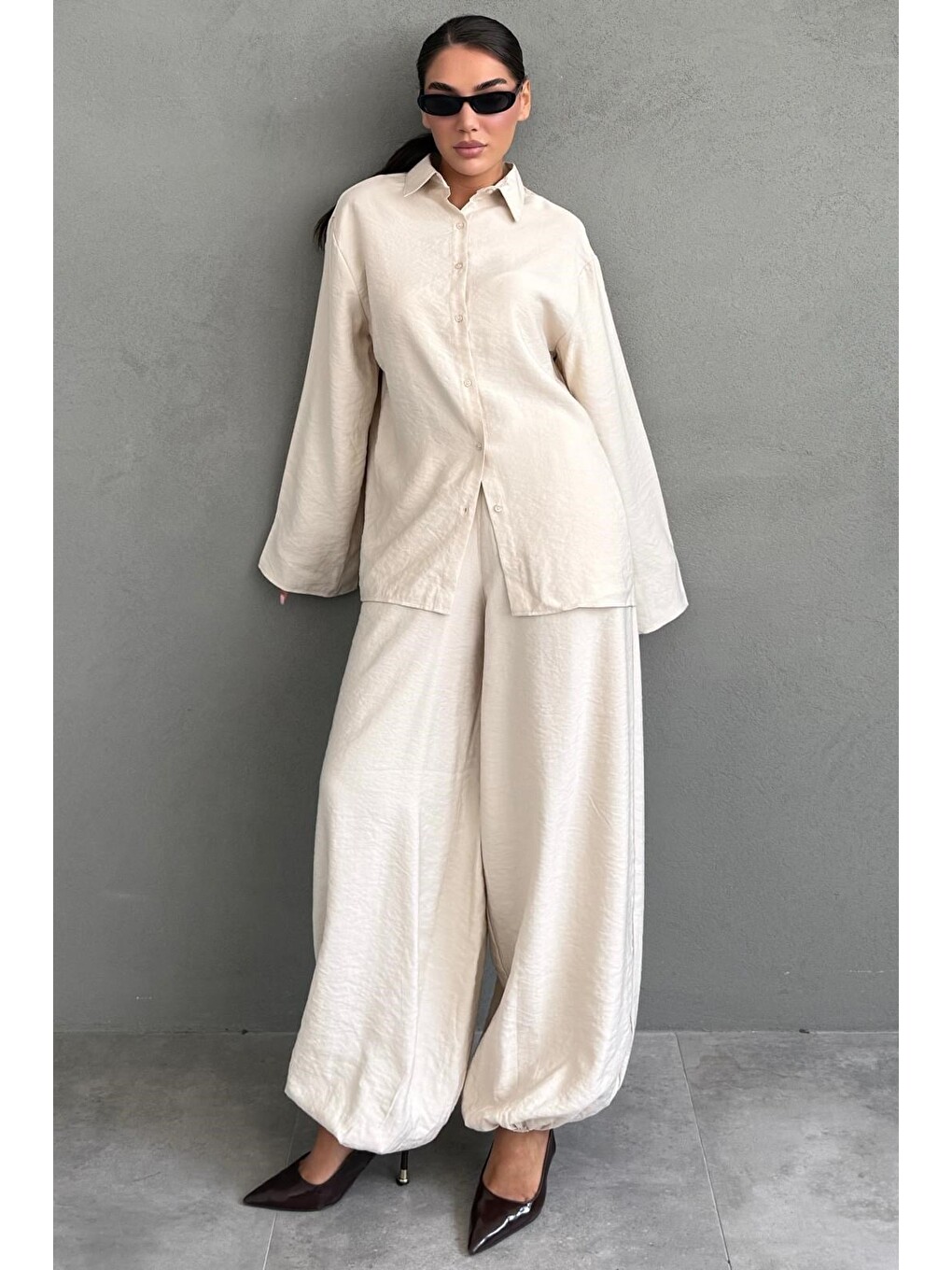 Bej Oversize Gömlek Balon Pantolon Kadın Takım Mg2779-4