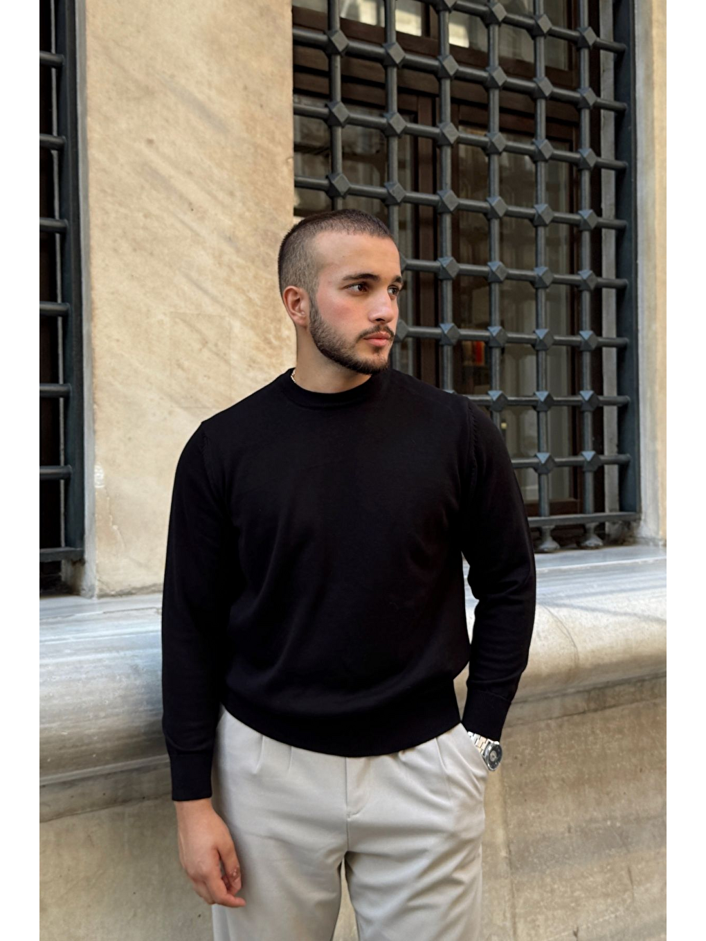 Siyah Acton Erkek %100 Organik Pamuk Bisiklet Yaka Triko Kazak-2