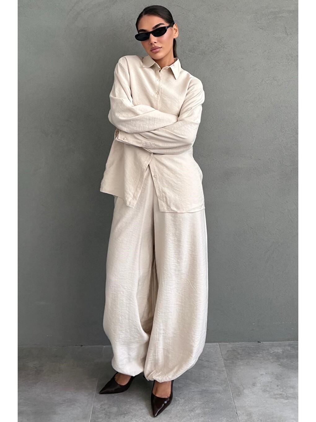 Bej Oversize Gömlek Balon Pantolon Kadın Takım Mg2779-5