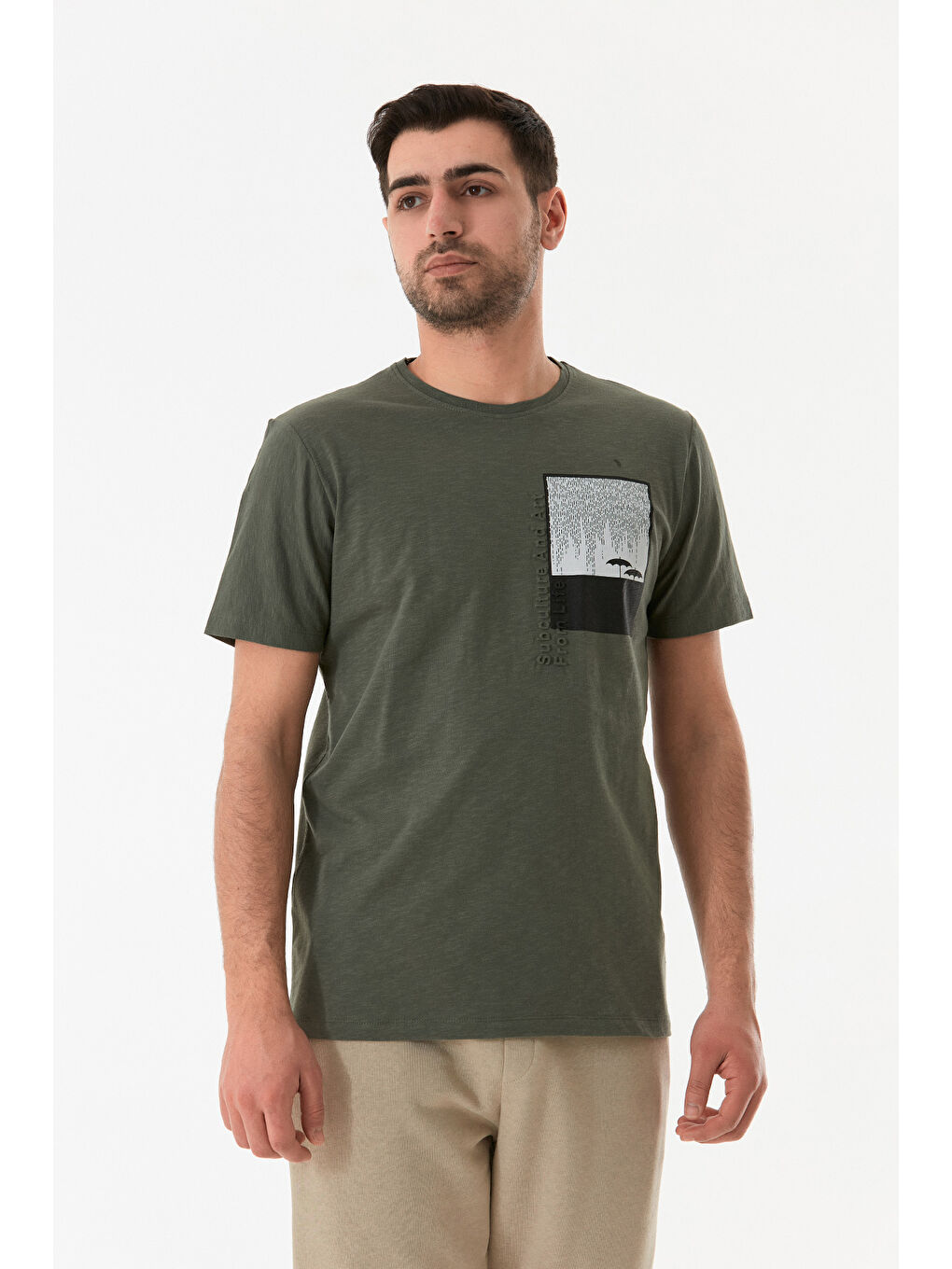 Haki Grafik Baskılı Bisiklet Yaka Tişört