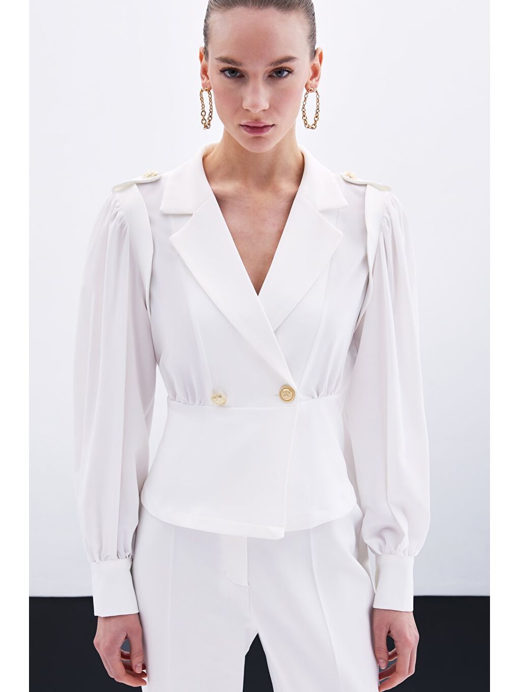 Kruvaze Kısa Ceket - Ekru-1