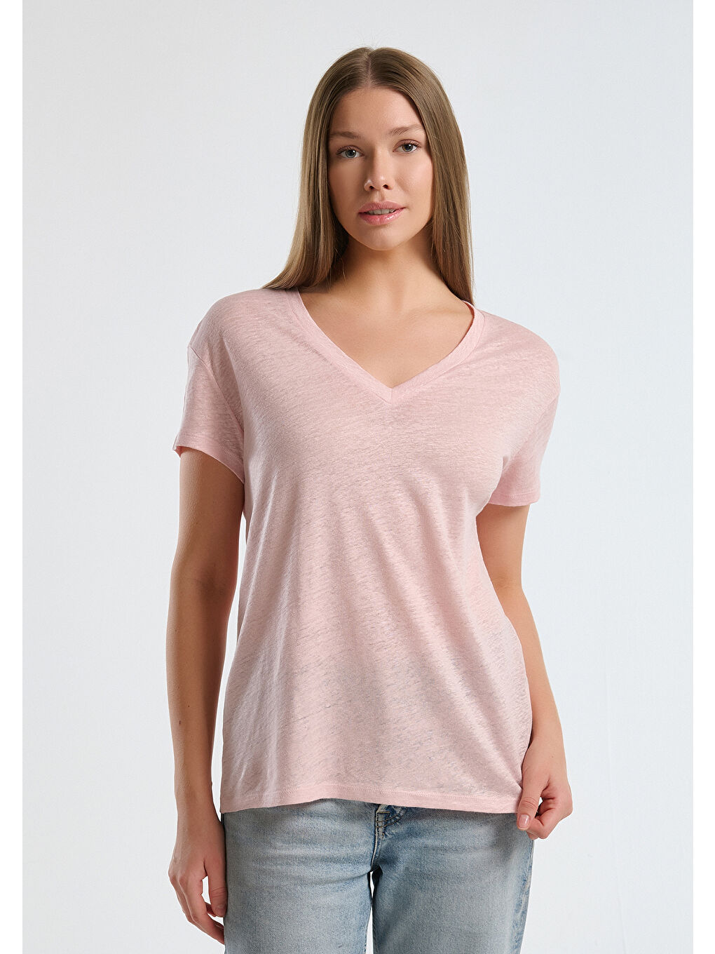 Kadın Pembe %100 Keten Düşük Omuzlu Relax Fit V Yaka T-Shirt