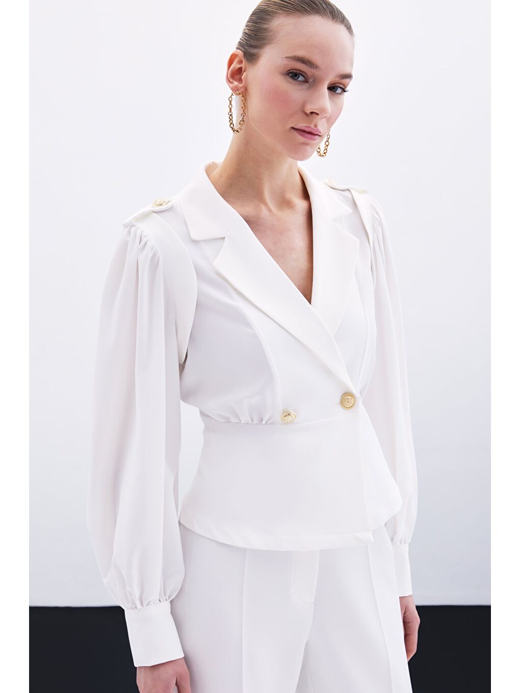 Kruvaze Kısa Ceket - Ekru-2