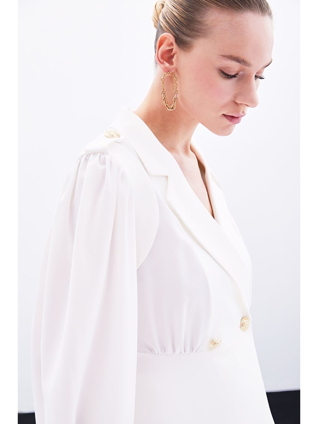 Kruvaze Kısa Ceket - Ekru-3