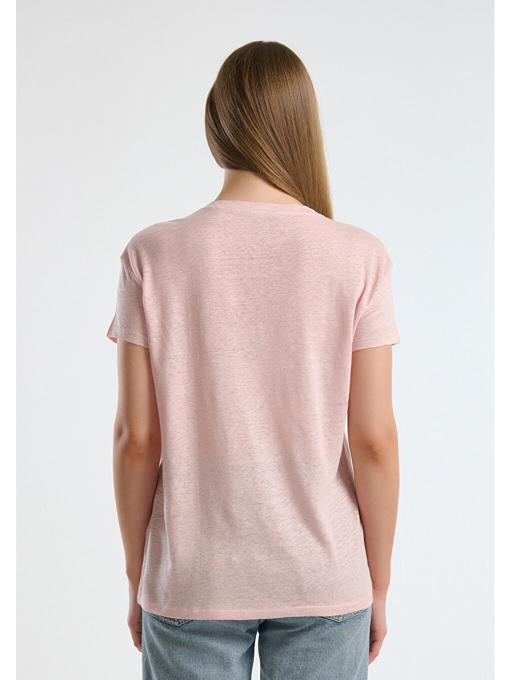 Kadın Pembe %100 Keten Düşük Omuzlu Relax Fit V Yaka T-Shirt-1