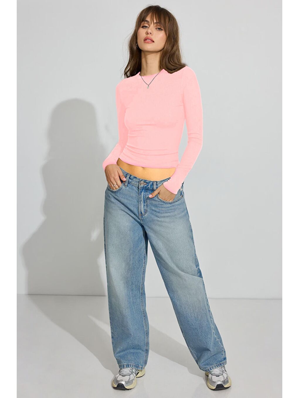 Pembe Pudra Bisiklet Yaka Slim Fit Kadın Body Mg2564-1