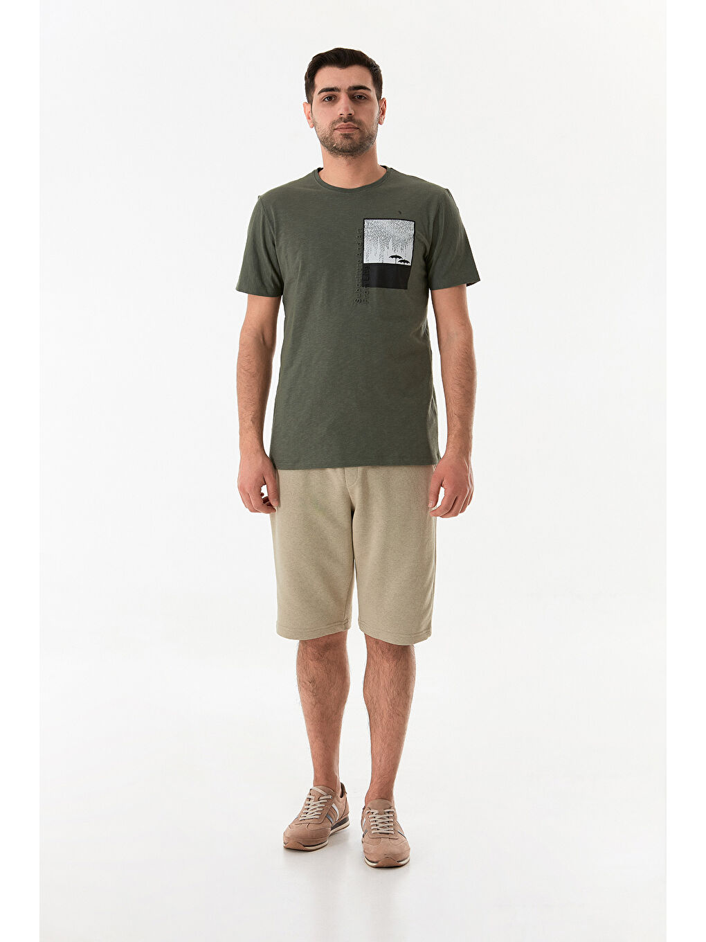 Haki Grafik Baskılı Bisiklet Yaka Tişört-1
