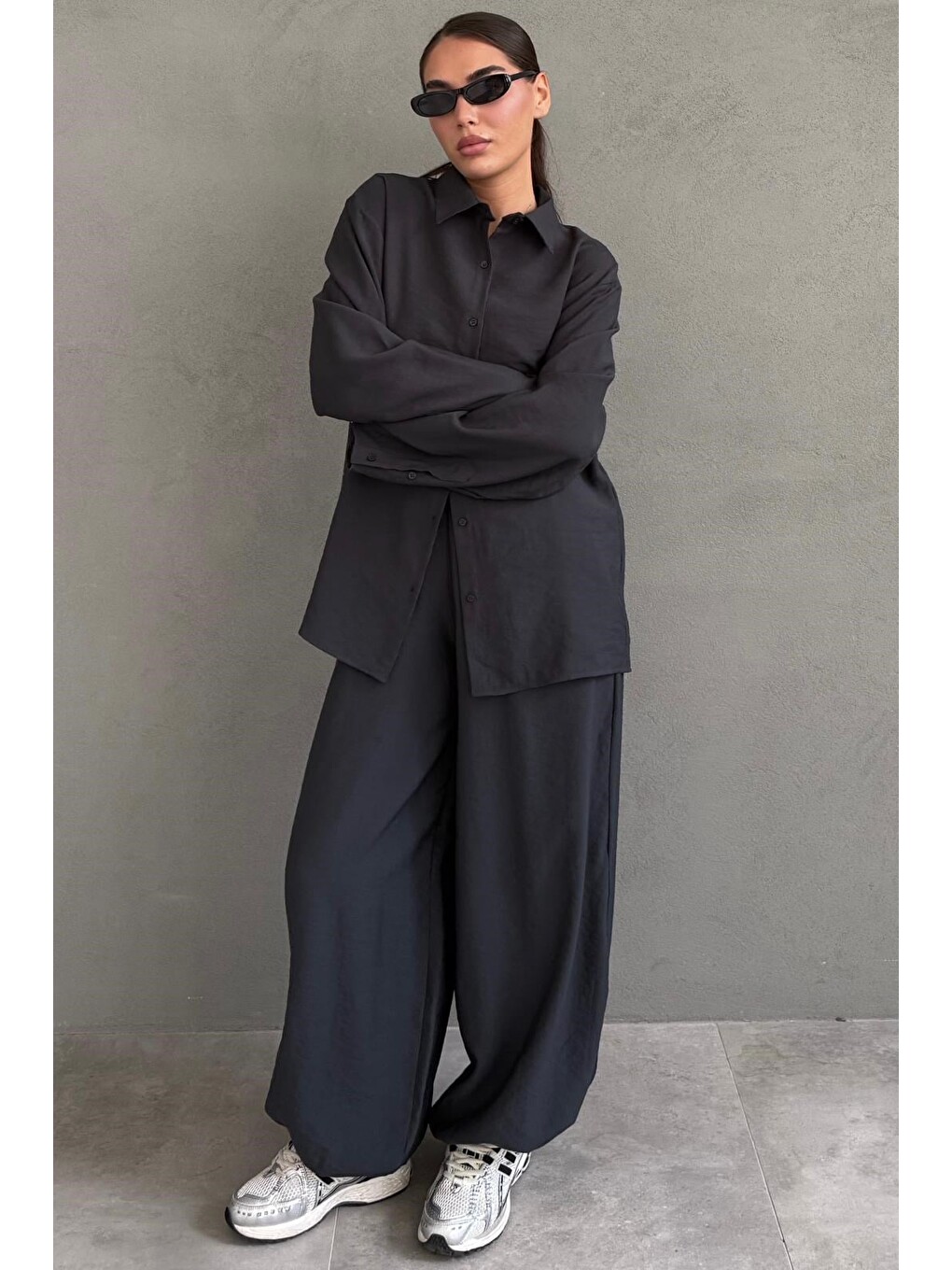 Gri Füme Oversize Gömlek Balon Pantolon Kadın Takım Mg2779-1