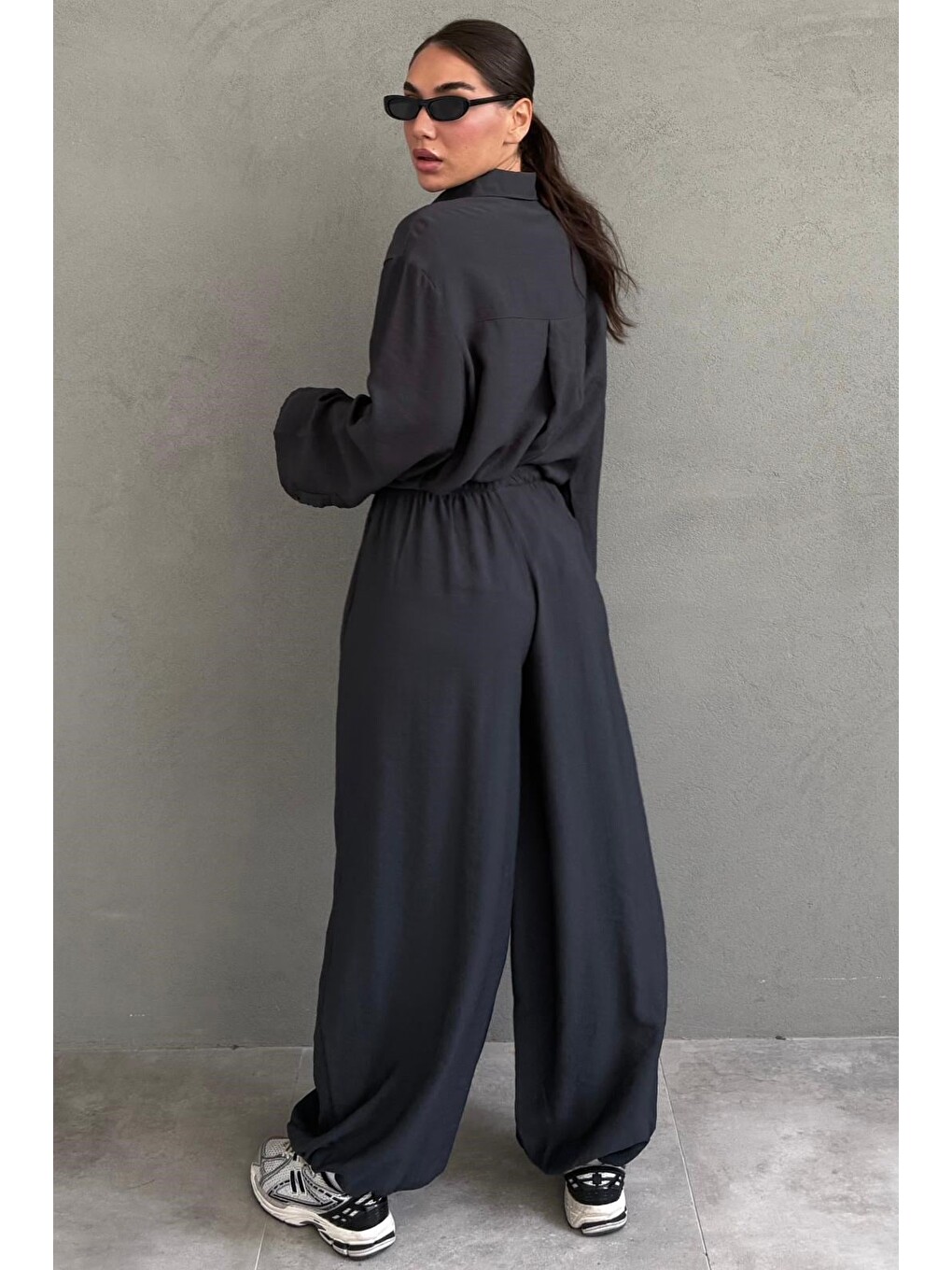 Gri Füme Oversize Gömlek Balon Pantolon Kadın Takım Mg2779-3