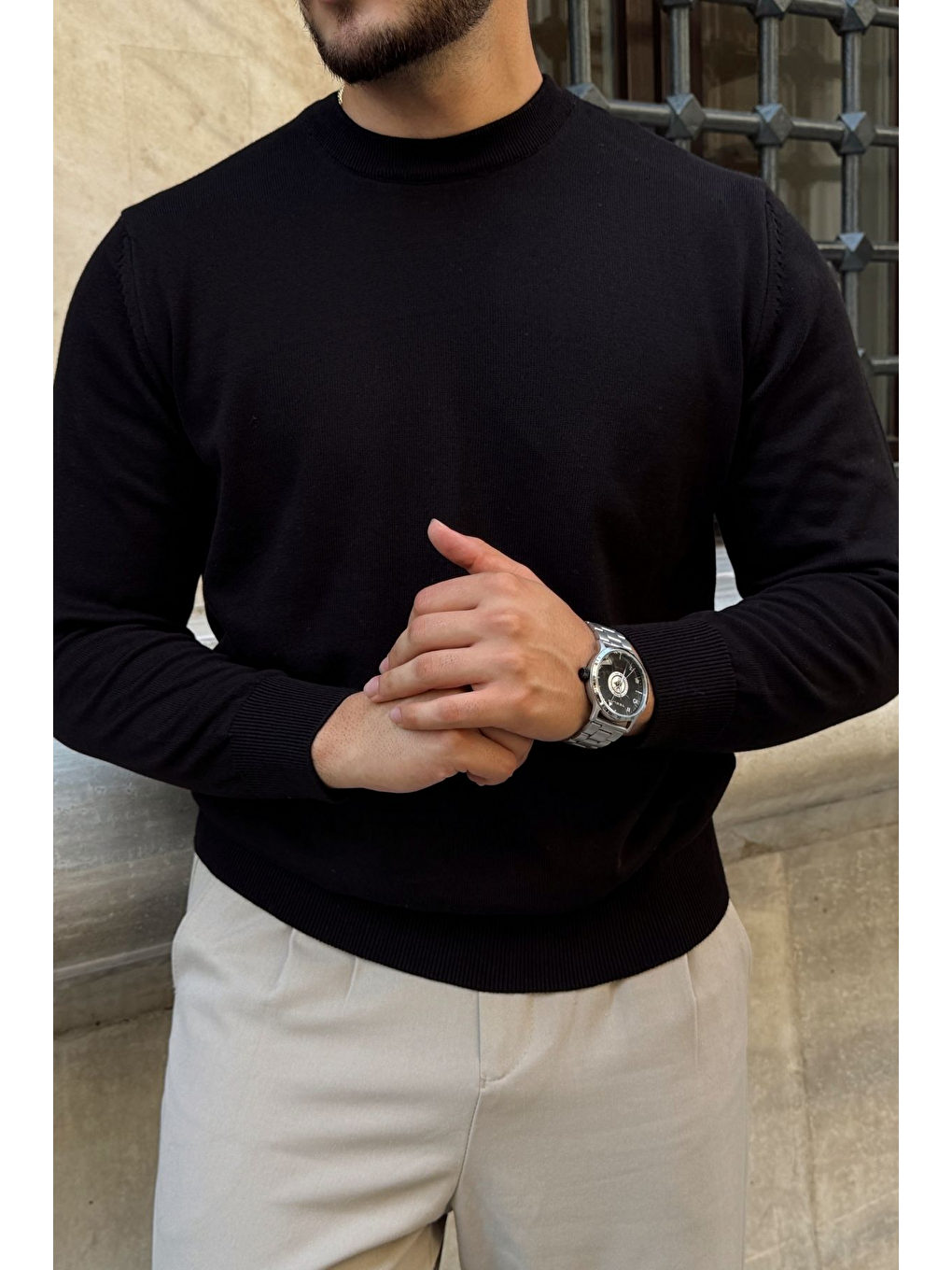 Siyah Acton Erkek %100 Organik Pamuk Bisiklet Yaka Triko Kazak-4