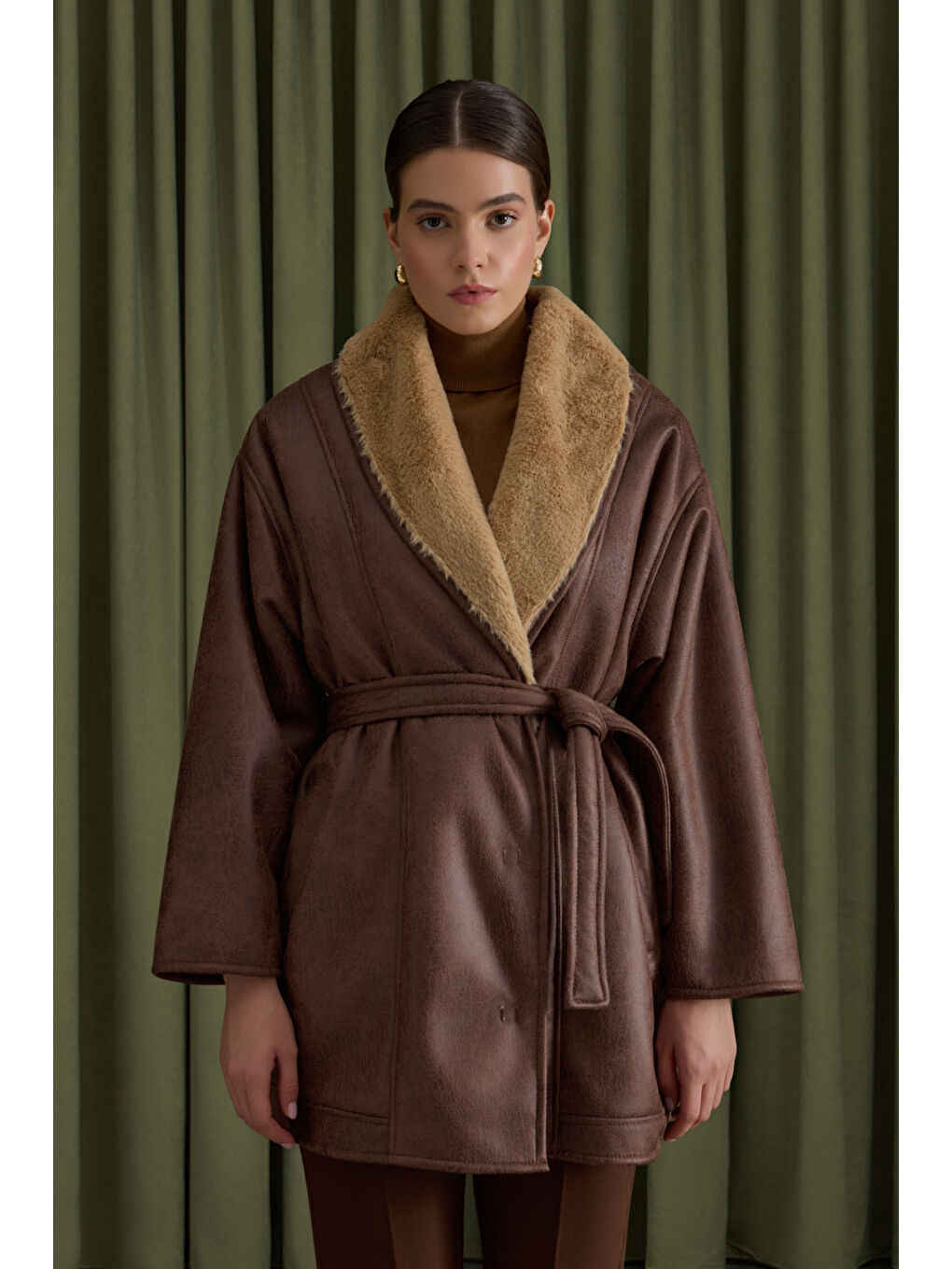 Kahverengi İçi Kürk, Suni Deri Şal Yaka Kaban-2