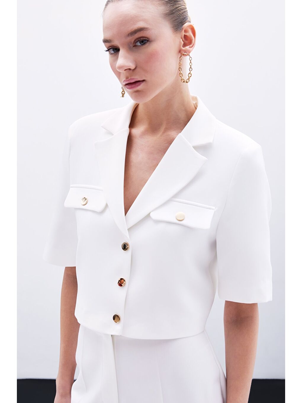 Kısa Kollu Ceket - Ekru-4