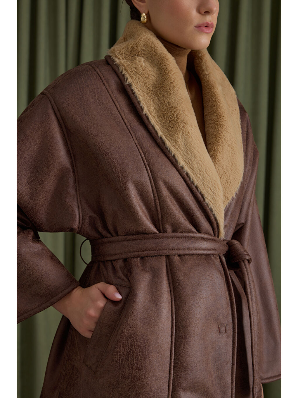 Kahverengi İçi Kürk, Suni Deri Şal Yaka Kaban-3