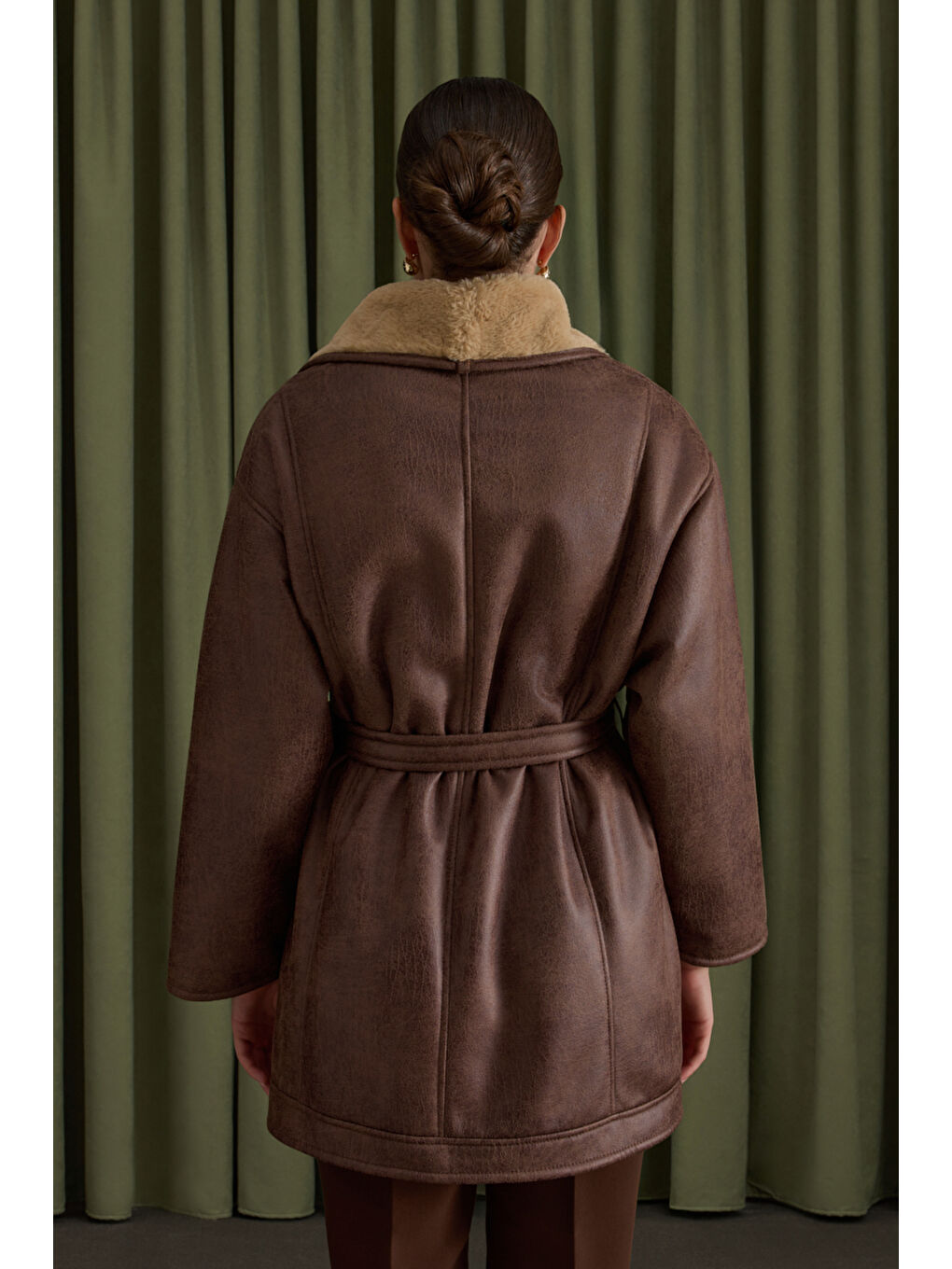 Kahverengi İçi Kürk, Suni Deri Şal Yaka Kaban-4