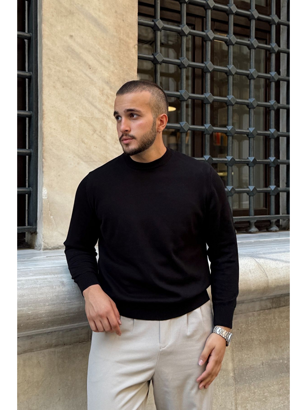 Siyah Acton Erkek %100 Organik Pamuk Bisiklet Yaka Triko Kazak-5