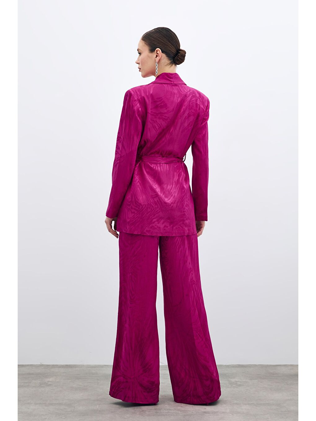 Kuşaklı Desenli Uzun Ceket - Fuşya-5