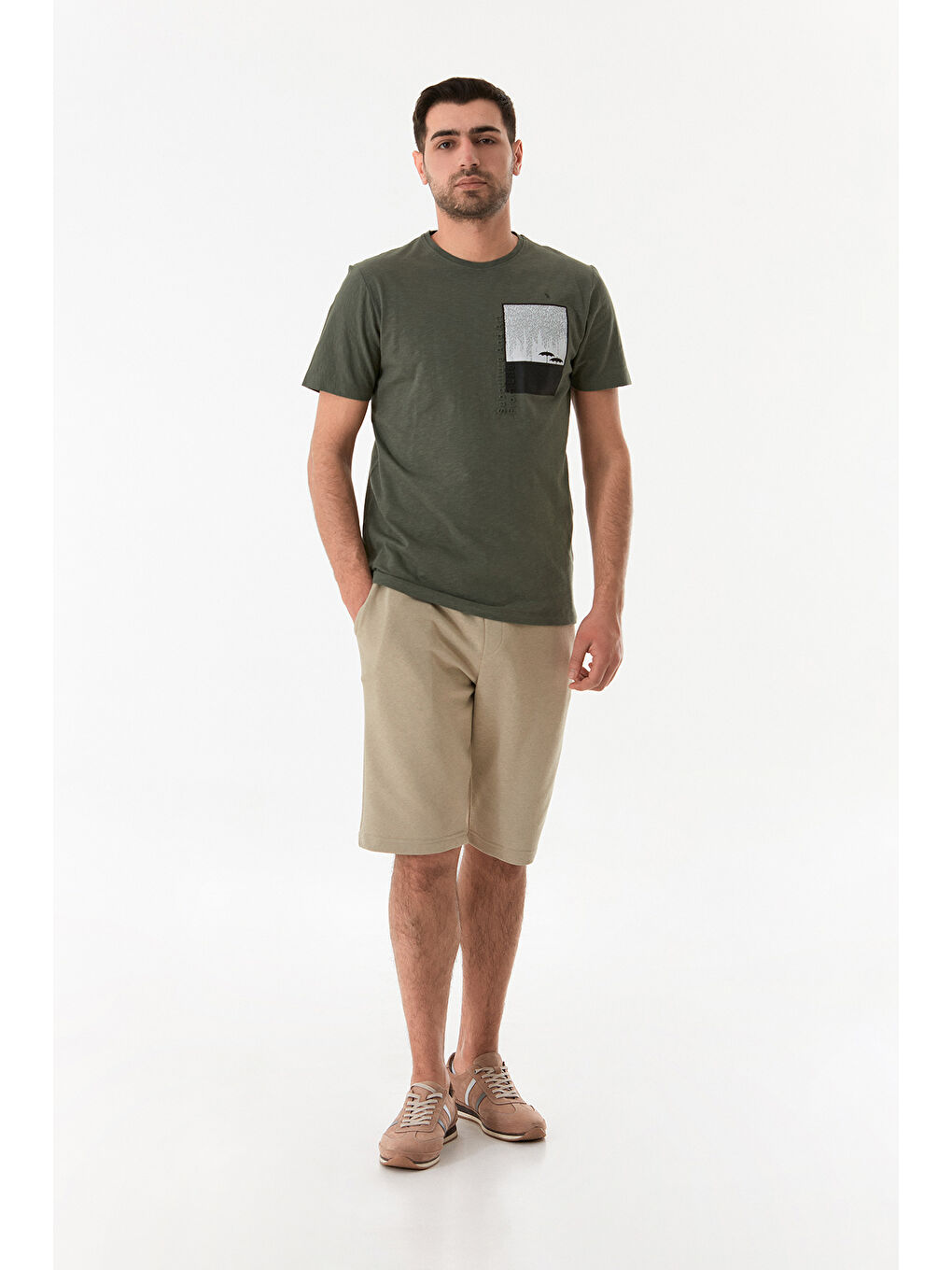 Haki Grafik Baskılı Bisiklet Yaka Tişört-3