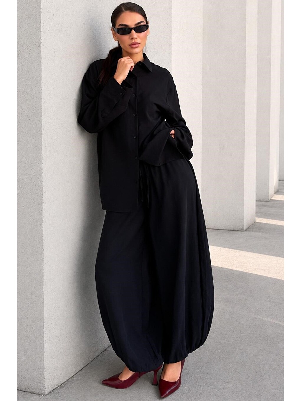 Siyah Oversize Gömlek Balon Pantolon Kadın Takım Mg2779