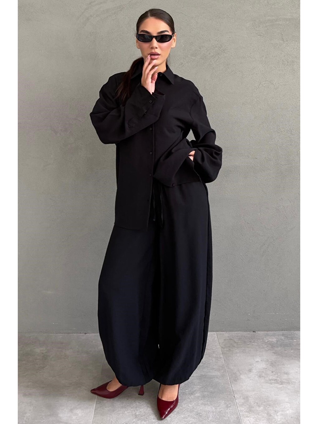 Siyah Oversize Gömlek Balon Pantolon Kadın Takım Mg2779-1