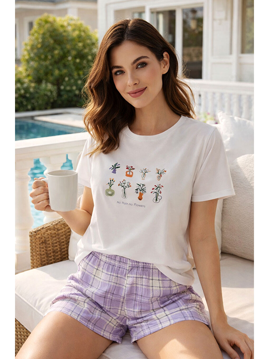 Kadın Kısa Kol Suprem Kumaş Şortlu Pijama Takımı 90782-3328 Beyaz01-3