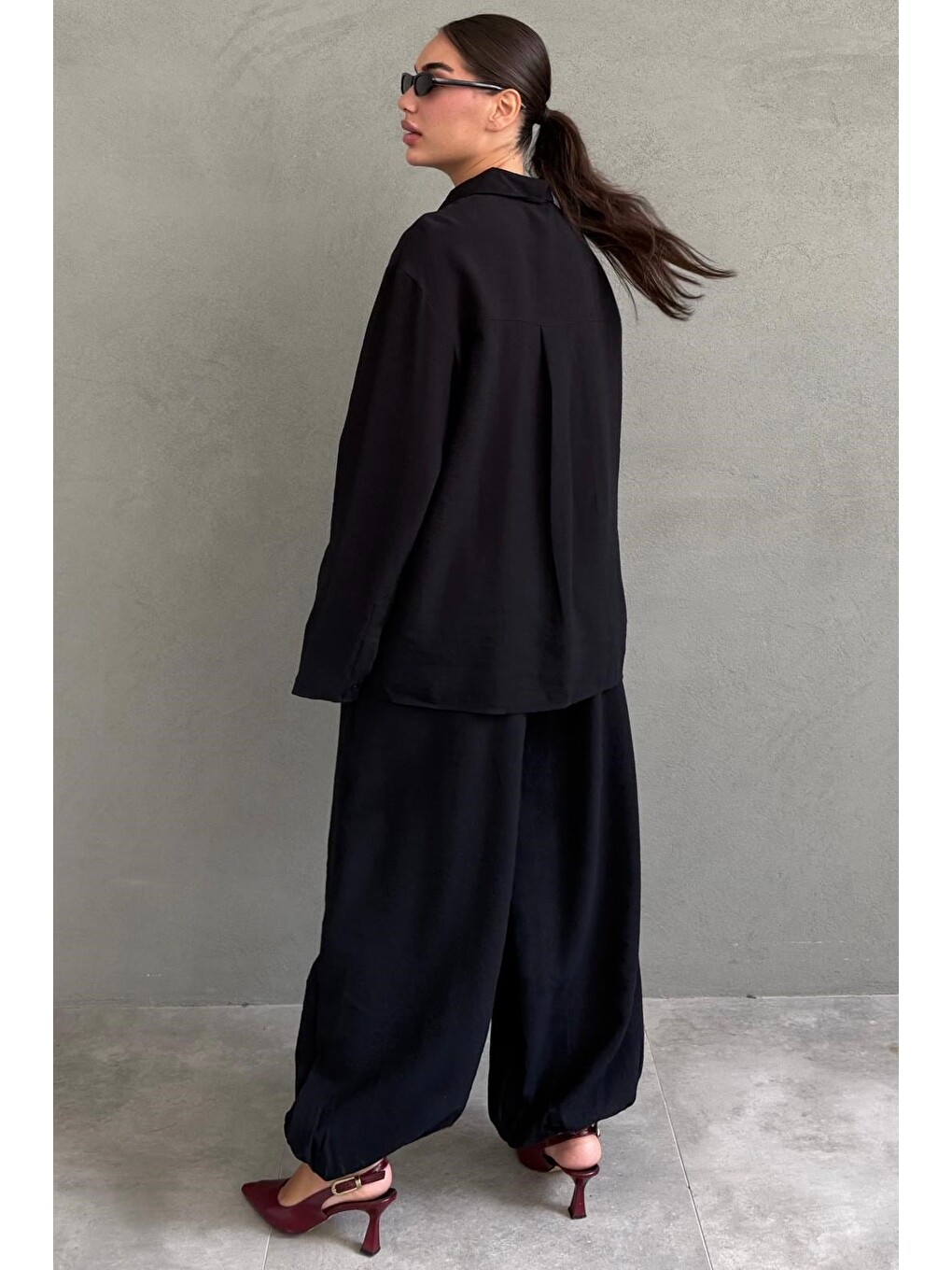 Siyah Oversize Gömlek Balon Pantolon Kadın Takım Mg2779-2