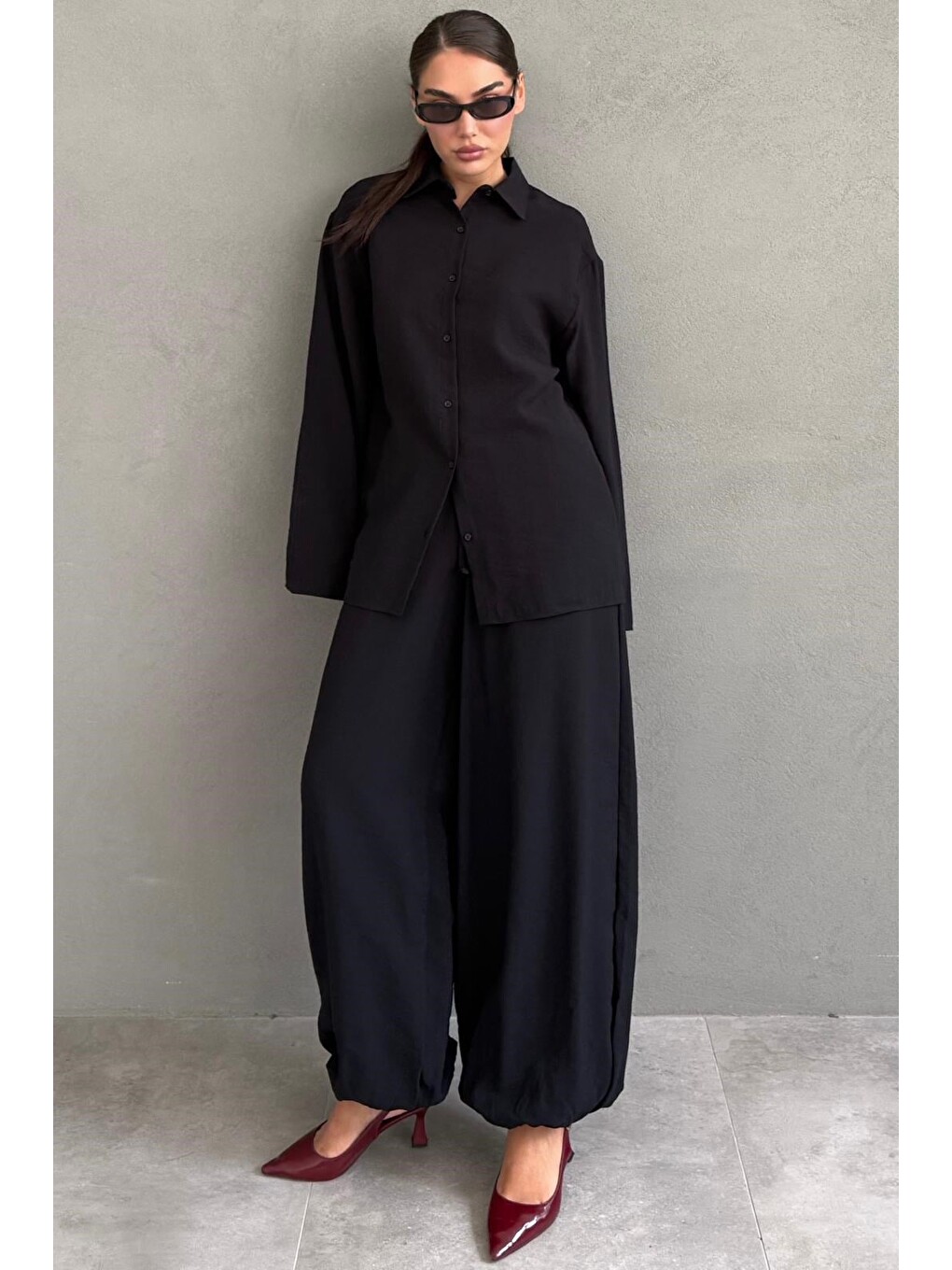 Siyah Oversize Gömlek Balon Pantolon Kadın Takım Mg2779-3