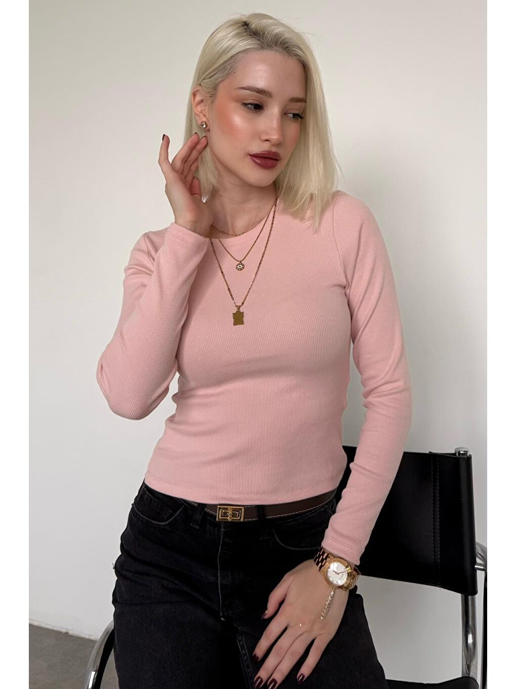 Pembe Pudra Bisiklet Yaka Slim Fit Kadın Body Mg2564-3