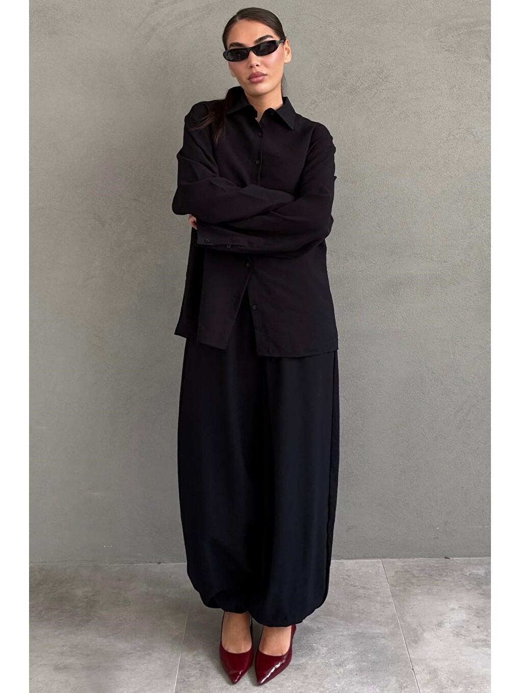 Siyah Oversize Gömlek Balon Pantolon Kadın Takım Mg2779-4