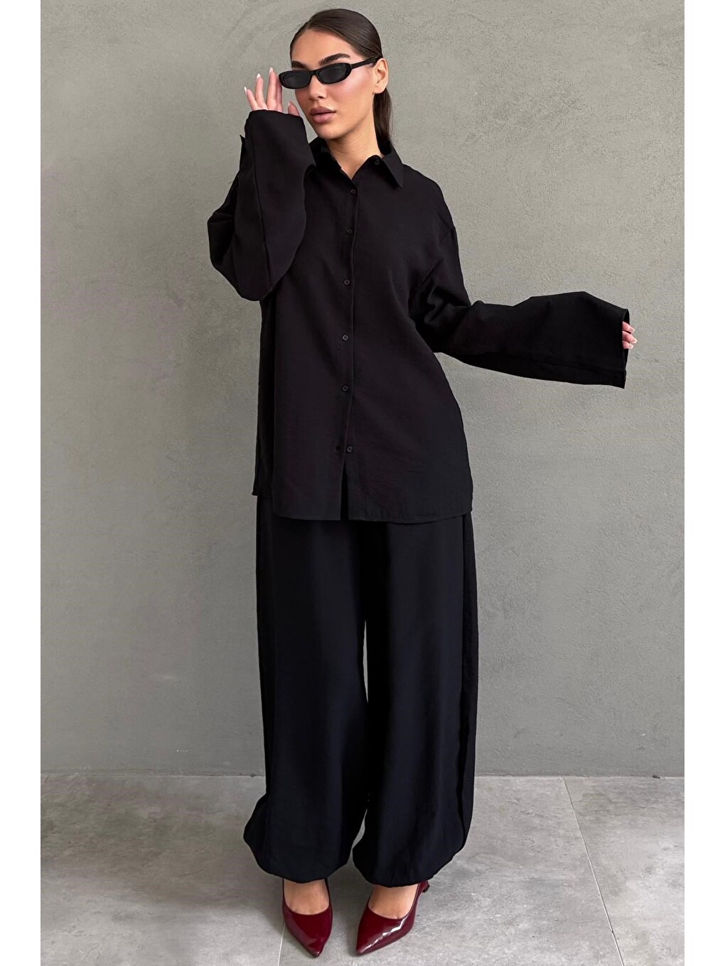 Siyah Oversize Gömlek Balon Pantolon Kadın Takım Mg2779-5