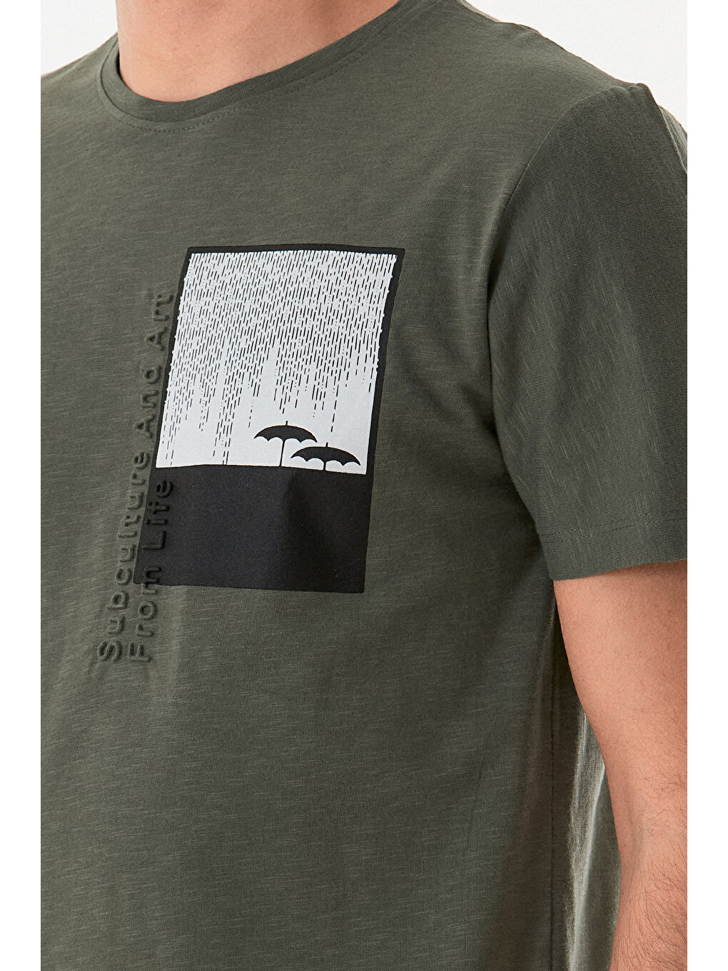 Haki Grafik Baskılı Bisiklet Yaka Tişört-4