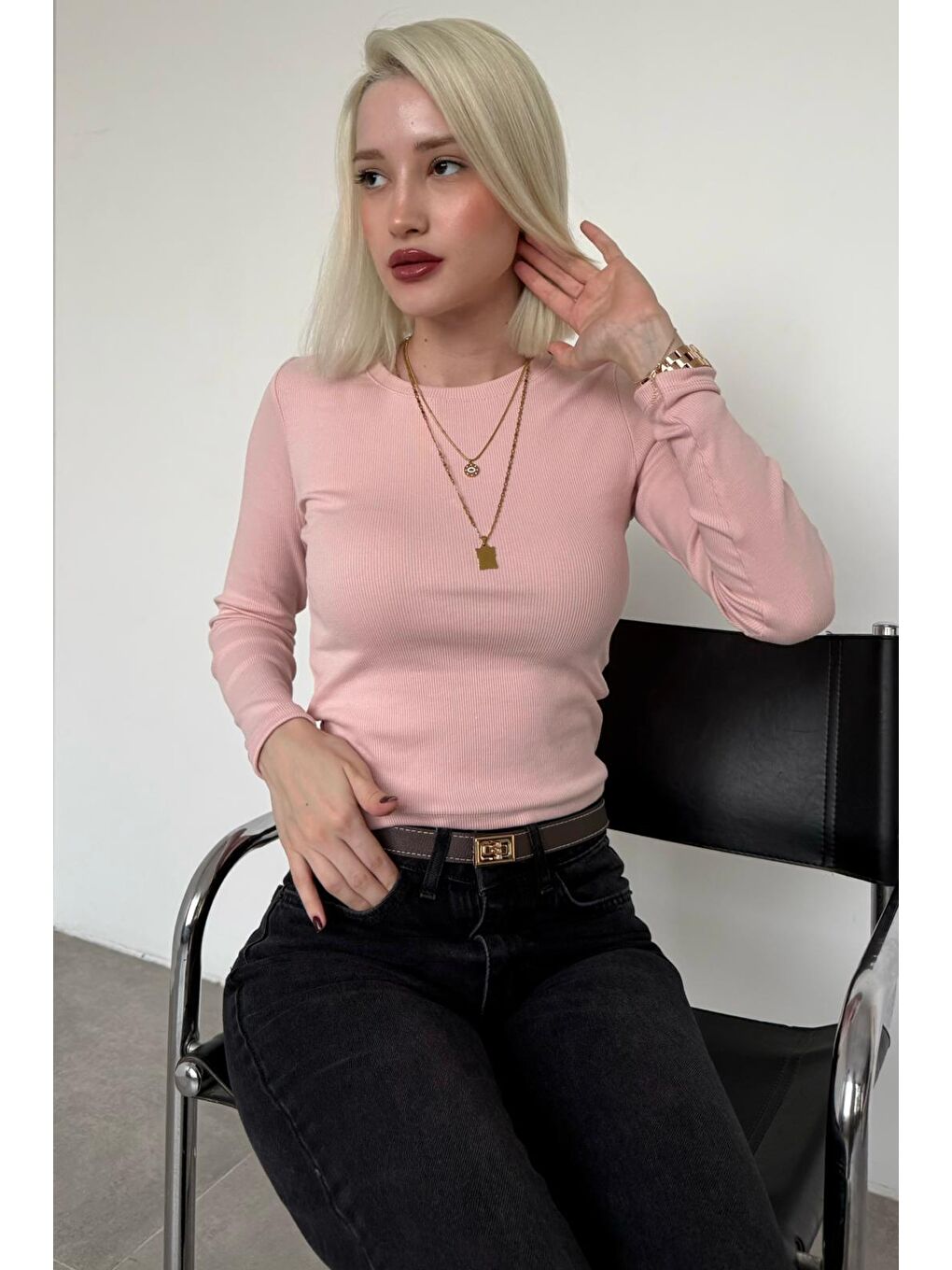 Pembe Pudra Bisiklet Yaka Slim Fit Kadın Body Mg2564-4