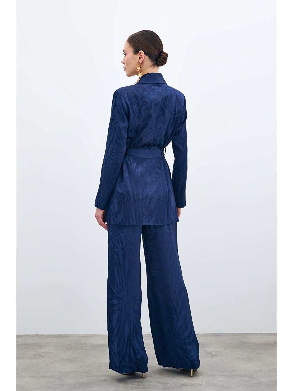 Kuşaklı Desenli Uzun Ceket - Lacivert-4