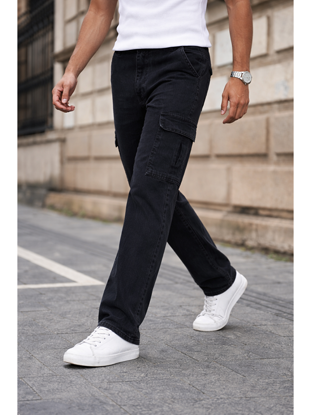 Gri Erkek Kargo Cepli Pamuklu Füme Baggy Pantolon-1