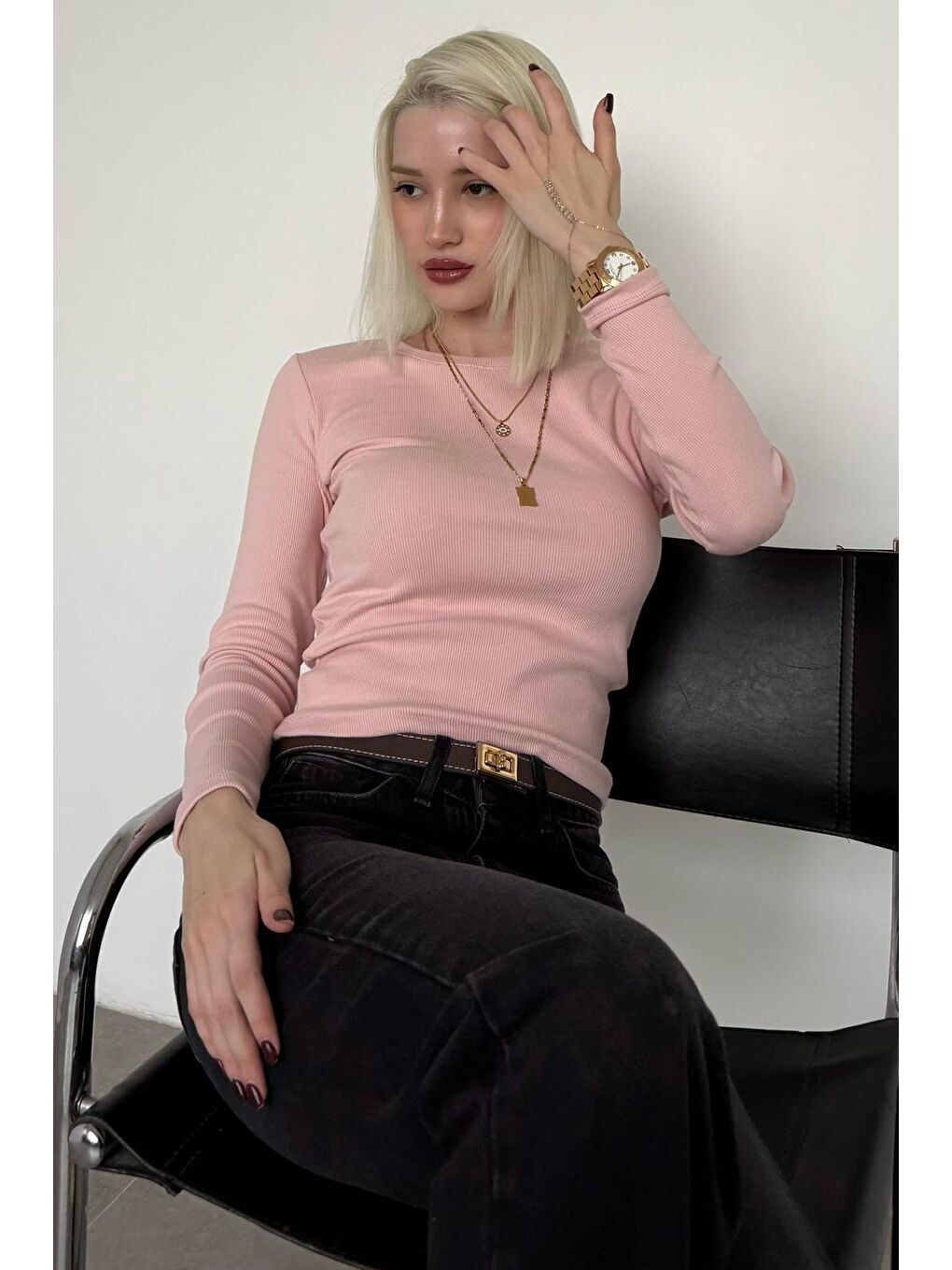 Pembe Pudra Bisiklet Yaka Slim Fit Kadın Body Mg2564-5