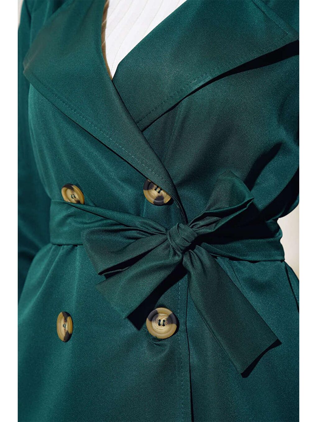 T5853 Kruvaze Yaka Tesettür Trençkot - Zümrüt Yeşili-2