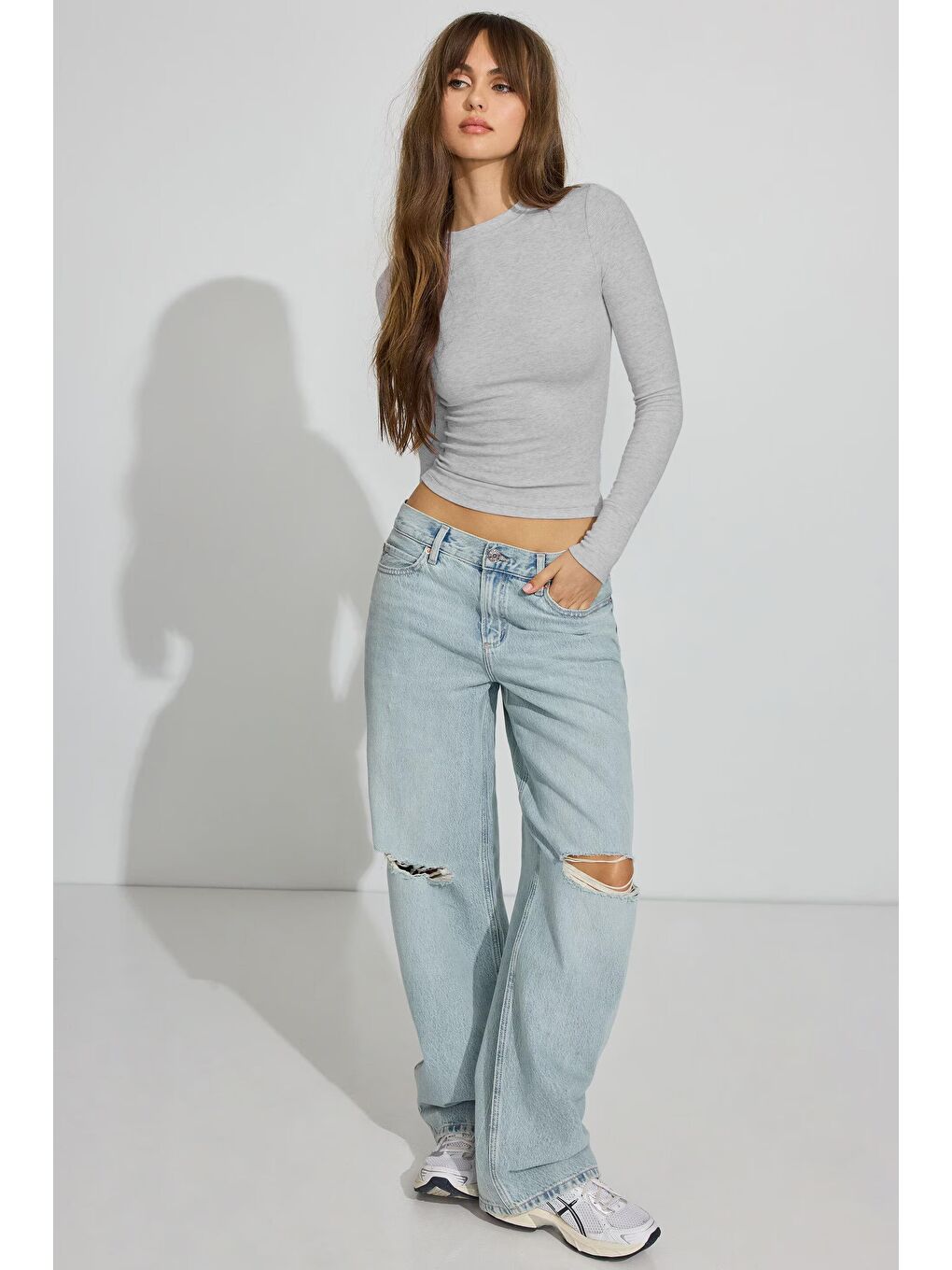 Gri Bisiklet Yaka Slim Fit Kadın Body Mg2564-1