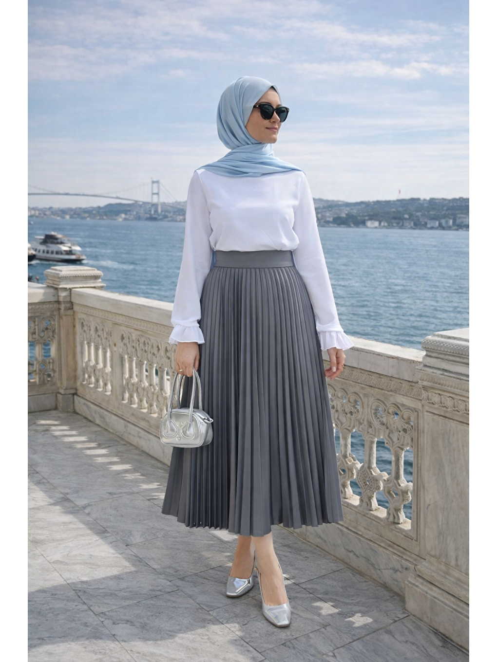 Kadın Premium Pileli Antrasit Uzun Tesettür Etek